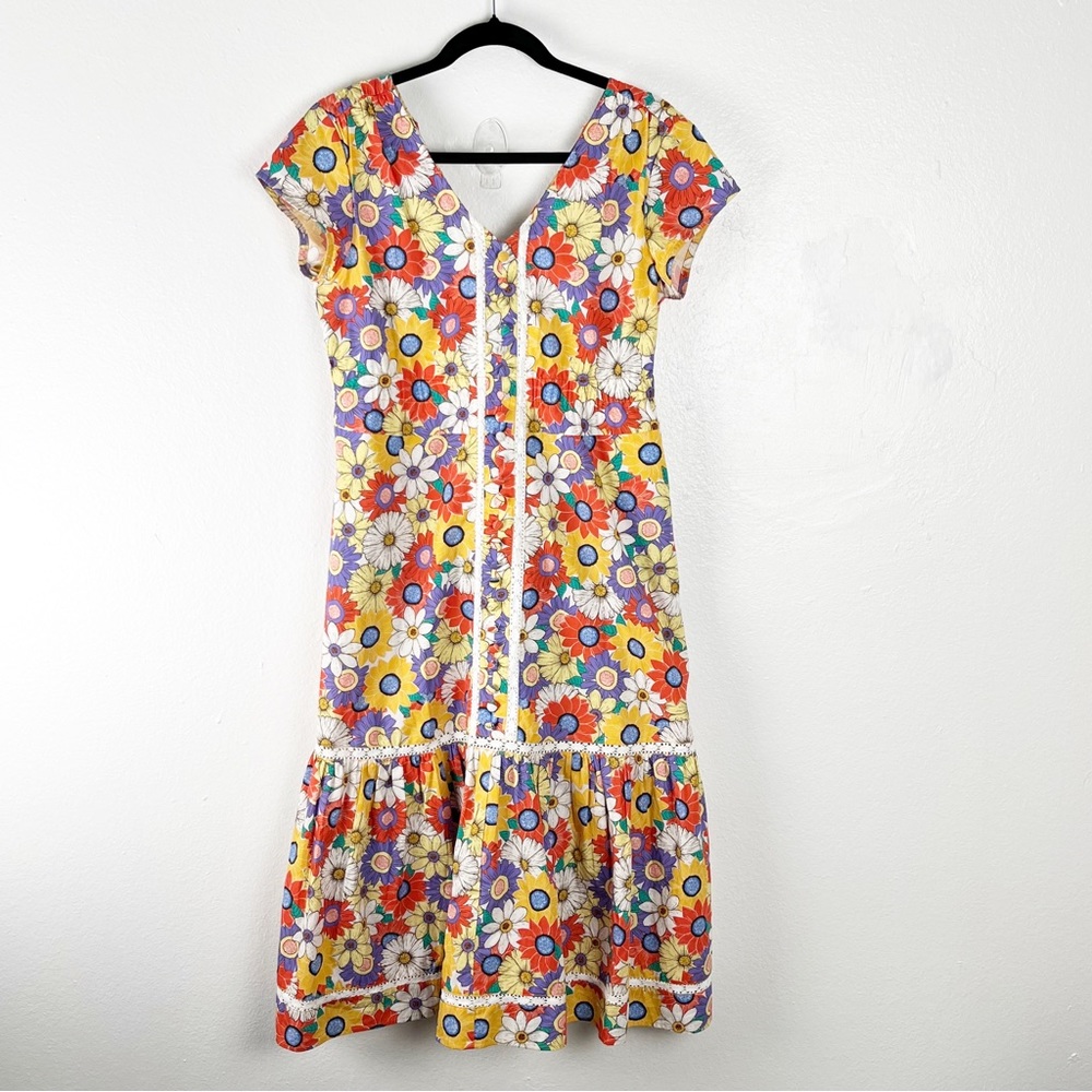 ESHAKTI Wayward Fancies Floral Print Accent Front Buttons Back Tassel Tie Dress